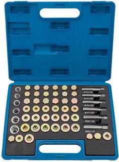 an assortment of tools in a blue toolbox with screws and washers inside