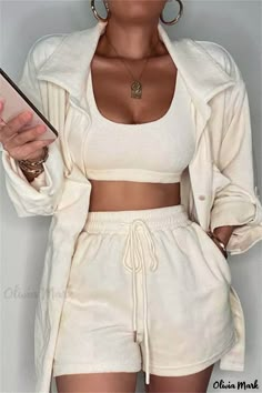 Olivia Mark - Ladies Cream White Casual Solid Cardigan Long Sleeve Three-Piece Set featuring Turn-Down Collar Casual Cream Sets For Spring, Casual Cream Sets For Fall, Casual Fitted Cream Sets, Fitted Cream Casual Sets, White Summer Outerwear For Loungewear, Beige Crop Tops, White Fashion Casual, Sport Top, Crop Top And Shorts