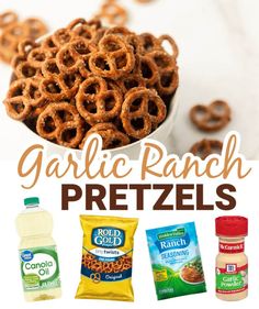 garlic ranch pretzels in a white bowl with the words garlic ranch pretzels