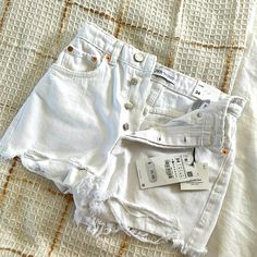 Zara Hi-Rise White Shorts Nwt Eur34 Usa02 At Least 50% Cotton White Summer Shorts By Zara, Zara Bottoms With Built-in Shorts, Zara White High-waisted Shorts, Zara Stretch Shorts With Built-in Shorts, Zara Cotton Shorts With Built-in Shorts, High Rise Denim Jeans, Cuffed Denim Shorts, White Jean Shorts, Zara Shorts