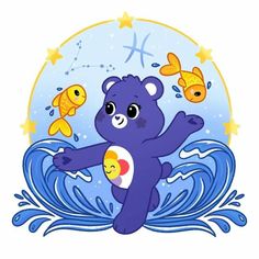 a blue teddy bear standing on its hind legs in the water with goldfish around it