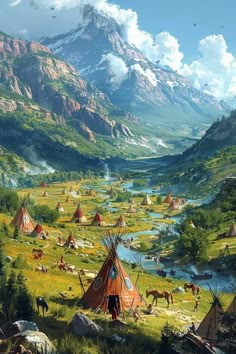 an artist's rendering of a native american village in the mountains with horses and teepees