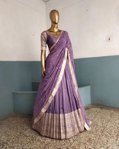 Pure Dola silk lehanga  set   S to xxl..  Dyable more colours available   Prebook  Maggam work extra Indian Silk Outfits, Simple Silk Lehenga Designs, Dola Silk Lehenga, Half Saree Pastel Colours, Bandhini Lehanga Designs, Silk Ghagra Designs, Lavender Colour Half Saree, Dress By Saree, Dhawani Set Saree