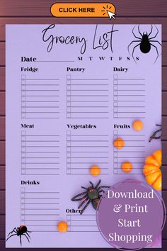 a printable grocery list for halloween with pumpkins and spider on the table next to it