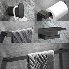 several different types of bathroom accessories hanging on the wall above toilet paper and towel racks