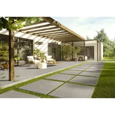 an artist's rendering of a modern house with patio and pergolated area