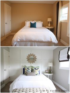 two pictures of a bed with white sheets and pillows, one in the same room