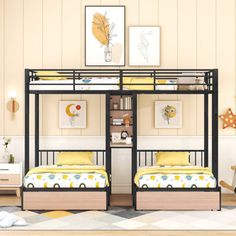 a bunk bed with two sets of twin beds underneath it in a child's room