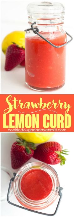 strawberry lemon curd in a jar with strawberries and bananas