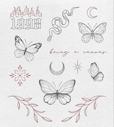 butterflies, stars and crescents are drawn on white paper with the words love in red ink