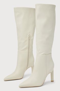 Creating the perfect autumn wardrobe starts with the perfect pair of boots, like the Lulus Olivet Cream Pointed-Toe Knee-High Boots! Smooth faux leather shapes these flirty fall boots that feature a classic pointed-toe upper, seaming at the vamp, and a 14.5"" knee-high shaft (with a 15"" circumference and a 9"" zipper at the instep). A sculpted, stiletto heel lends a eye-catching finish! 4" sculpted stiletto heel. Lightly cushioned insole. Rubber sole has nonskid markings. All Man Made Materials All White Bachelorette, Bachelorette Outfits For Bride, Cream Knee High Boots, Outfits For Bride, White Bachelorette, Fall Boots, Bachelorette Outfits, Autumn Wardrobe, Lulu Fashion