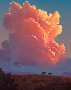 two horses are standing in front of a large cloud that looks like it is coming out of the sky