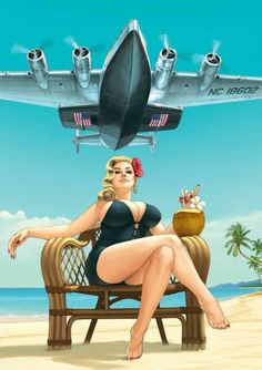 a painting of a woman sitting on a bench in front of an airplane flying over her head