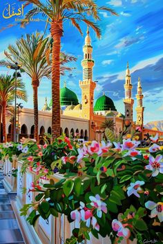 an oil painting of a mosque with palm trees in the foreground and flowers in the foreground