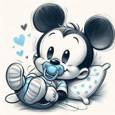 a drawing of mickey mouse holding a pacifier