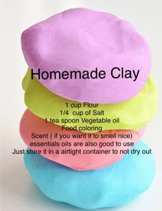 four different colored clays stacked on top of each other with instructions for how to use them