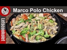 a skillet filled with pasta and vegetables on top of a stove burner that says marco polo chicken