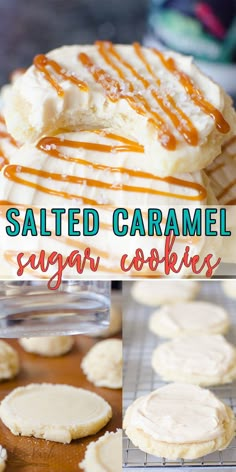 homemade salted caramel sugar cookies on a cooling rack and in the background is an image with text that reads, salted caramel sugar cookies