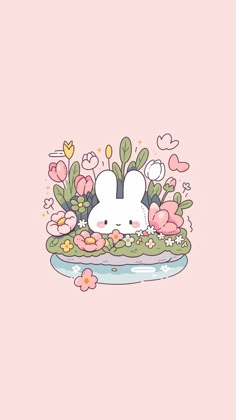 a cartoon bunny sitting in the middle of flowers and plants on top of a pink background