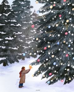 a painting of a child looking at a christmas tree