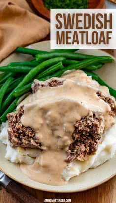 A serving plate filled with mashed potatoes, Swedish meatloaf, gravy, and a healthy serving of green beans. Swedish Meatloaf Recipes, Swedish Meatball Meatloaf, Meatball Meatloaf Recipes, Ground Veal Recipes Easy, Brown Gravy Meatloaf Recipes, Superior Meatloaf, Swedish Meatloaf, Unique Meatloaf Recipes, Meatloaf Gravy