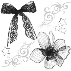 a drawing of a bow and flower with stars around it