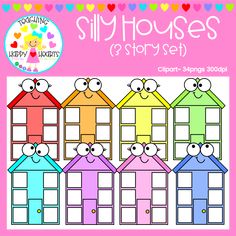 a colorful house clipart set with the words silly houses and four faces on it