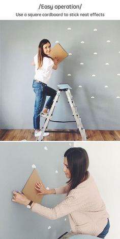 the woman is standing on a ladder and holding a cardboard box