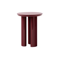 a small round table with two legs in maroon color, on a white background for use as a side table