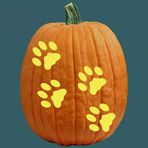 a carved pumpkin with paw prints on it