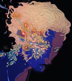 an artistic painting of a woman's face with flowers on her head and hair blowing in the wind