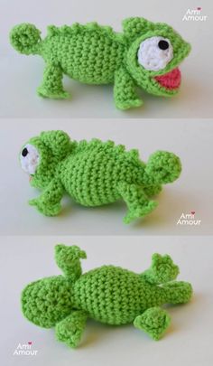 crocheted toy animals made to look like alligators are featured in three different photos