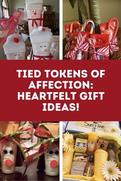 the words tied tokens of affection heart gift ideas are shown in red and white