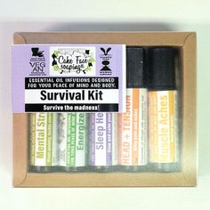 Survive the madness of daily life with the aroma survival kit! Headache? No problem when you have our Head + Tension soother. Can't sleep? Dreams are seconds away when you sniff our Sleep Helper. Freaking out over deadlines, exams, or finances? Take a few deep breaths with our Mental Stress blend. Tight, sore muscles from stress or working out? Muscle Aches is perfect for helping those kinks unkink. Perk up your brain with the Energizer and get focused. You can do it all! These are made by infusing grapeseed oil with the perfect amount of therapeutic grade essential oils.  Set includes 10ml roller bottles of Headache relief, Sleep Helper, Mental Stress, Muscle Aches, Energizer. Focus Blend, Sleep Dream, Deep Breaths, Can't Sleep, Mental Focus, Headache Relief, Cant Sleep, Muscle Aches, Roller Bottle