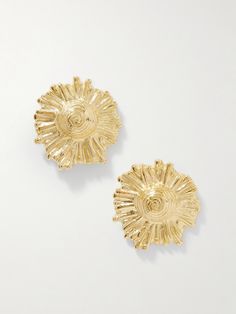 Inspired by their Greek heritage, Alexia and Stalo Karides founded The Ysso to "showcase a harmonious fusion of the past and present". Named after the Ancient Greek God 'Ilios', these earrings have been hand-carved in Athens from gold-plated metal in the form of the sun. Their statement size and polished finish will bring a radiant glow to your complexion. Big Gold Wedding Earrings, Gold-tone Brass Earrings With Polished Finish, Luxury Gold Sterling Silver Clip-on Earrings, Luxury Metal Clip-on Earrings, Luxury Silver Brass Earrings, Luxury Metal Clip-on Jewelry, Luxury Polished Gold Plated Earrings, Luxury Gold Plated Earrings With Polished Finish, Luxury Gold Earrings With Polished Finish