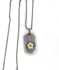 This is a sweet and simple flower dog tag necklace that will stack fabulously with any of my others necklaces, or stand alone too! It's made from a thick solid sterling and it has one of my signature 14K solid gold flowers on the front and hand stamped logo on the back. Perfect to keep spring and summer always in your heart. Chain is a sterling bead chain - 18 inches. This necklace is very well made... by me, and will last lifetimes! PLEASE feel free to email me with any questions! I am always h Flower Dog, Ceramic Necklace, Handmade Fine Jewelry, Simple Flower, Heart Chain, Dog Flower, Gold Gift, Bead Chain, Ceramic Jewelry