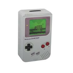 an old style gameboy with the screen turned green and red, sitting in front of a white background