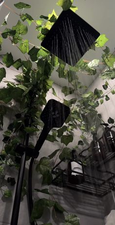 an umbrella and some plants in a room