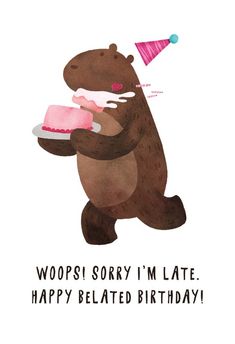 a birthday card with a bear holding a cake