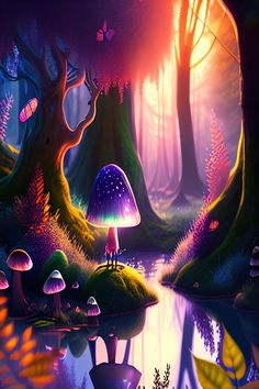 a painting of a mushroom in the middle of a forest with water and butterflies around it