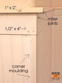 measurements for the corner moulding on a wall in front of a white door