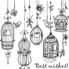 four birdcages hanging from strings with the words best wishes written on them in black ink