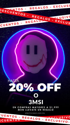 a neon sign with the words 20 % off and an image of a smiley face