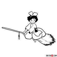 a black and white drawing of a girl flying on a broom