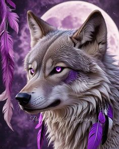 a wolf with purple eyes and feathers in front of a full moon