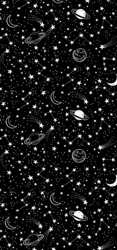 a black and white pattern with stars, planets and saturns in the night sky