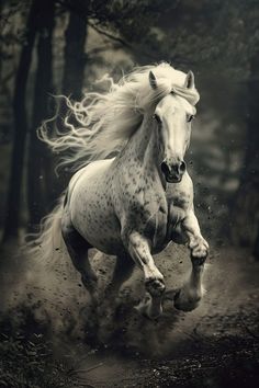 a white horse is galloping through the woods with its hair blowing in the wind