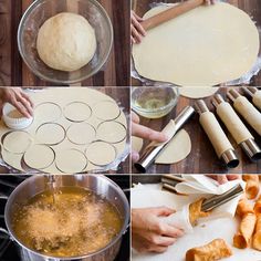 four pictures showing how to make bread rolls and dough being rolled into pie crusts