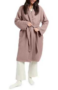 Enjoy the luxurious elegance of a spa-inspired robe at home with this supercomfy style made from four-ply gauze woven from long-staple Turkish cotton. It's also garment washed for added lived-in softness from the first wear. 42" length ( size X-Large)   Open front   V-neck   Long sleeves   Side-seam pockets   Removable tie belt   100% cotton   Machine wash, tumble dry   Made in Turkey   OEKO-TEX®–certified materials free of harmful substances Gender Inclusive, Spa Inspiration, Fabric Gift Bags, Sleepwear Robe, Fabric Gifts, Nordstrom Store, Free Fabric, Tie Belt, Print Gifts