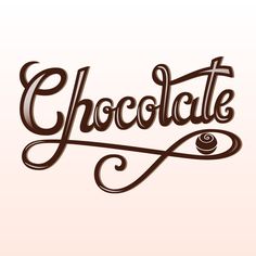 the word chocolate written in cursive writing on a pink background with swirls